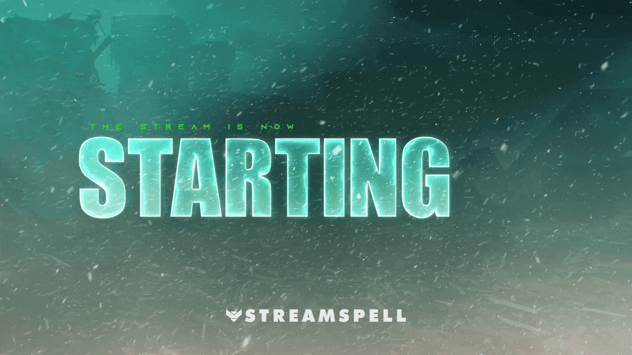 Winter-themed “Starting” animated stream screen with glowing teal text, snowstorm particles, and a Battlefield-inspired tactical HUD backdrop. Included in the BF6 HUD Stream Package by StreamSpell. Perfect for FPS streams using OBS, Streamlabs, or StreamElements.