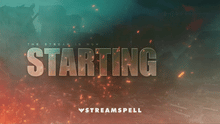 Load image into Gallery viewer, Animated “Starting” screen from the BF6 HUD Stream Package by StreamSpell, featuring battlefield-inspired visuals with embers and destroyed city background.