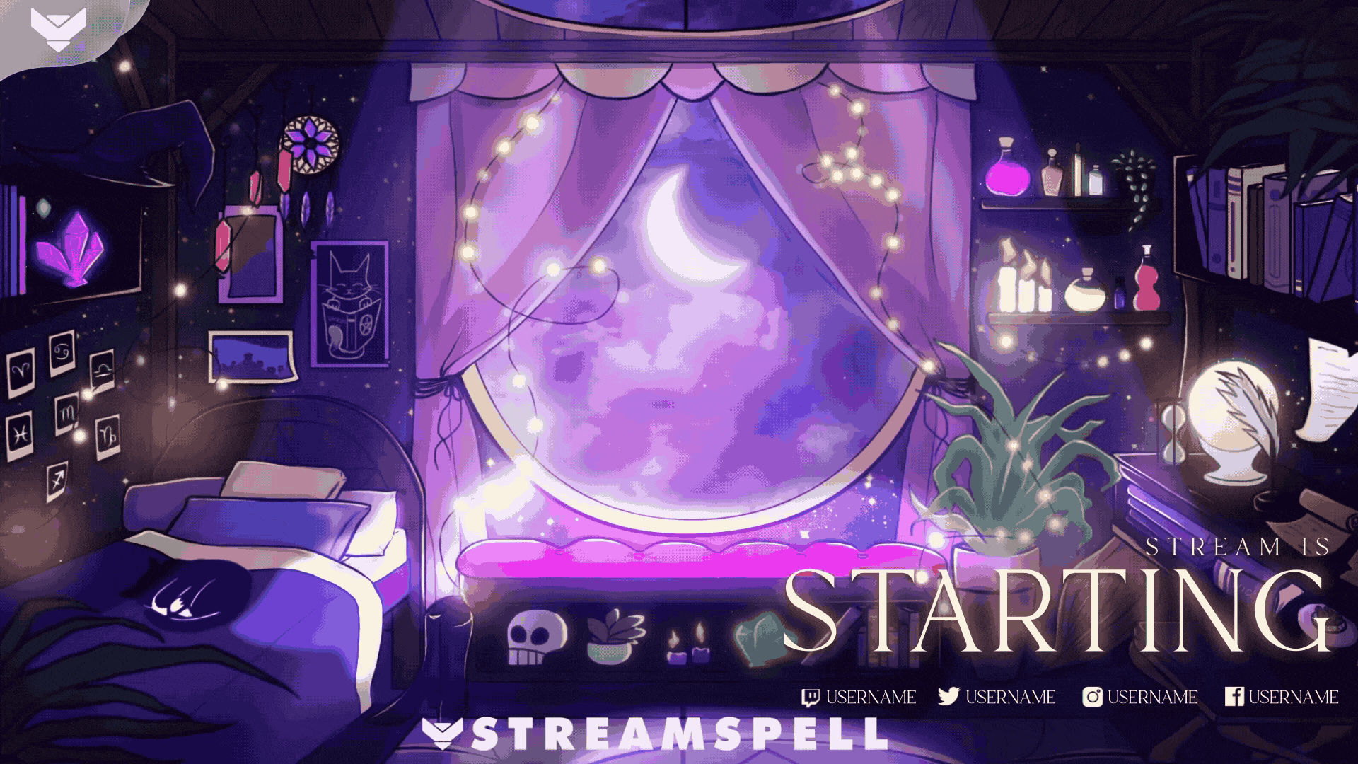Enchanted Night OBS Stream Overlay Scene Collection by StreamSpell – cozy bedroom with fantasy and magical witchy aesthetic, purple curtains, glowing lights, potions, and cute cat art, perfect for Twitch and YouTube live streams