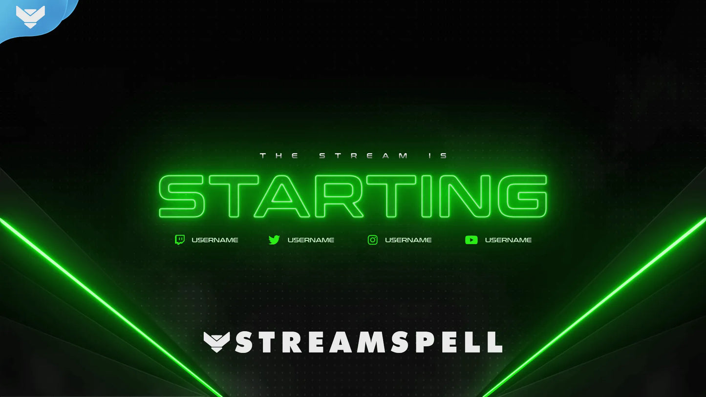 Futuristic green starting screen with neon gaming aesthetic and glowing tech-inspired design, part of the New Gen X stream package by StreamSpell for OBS and Streamlabs.