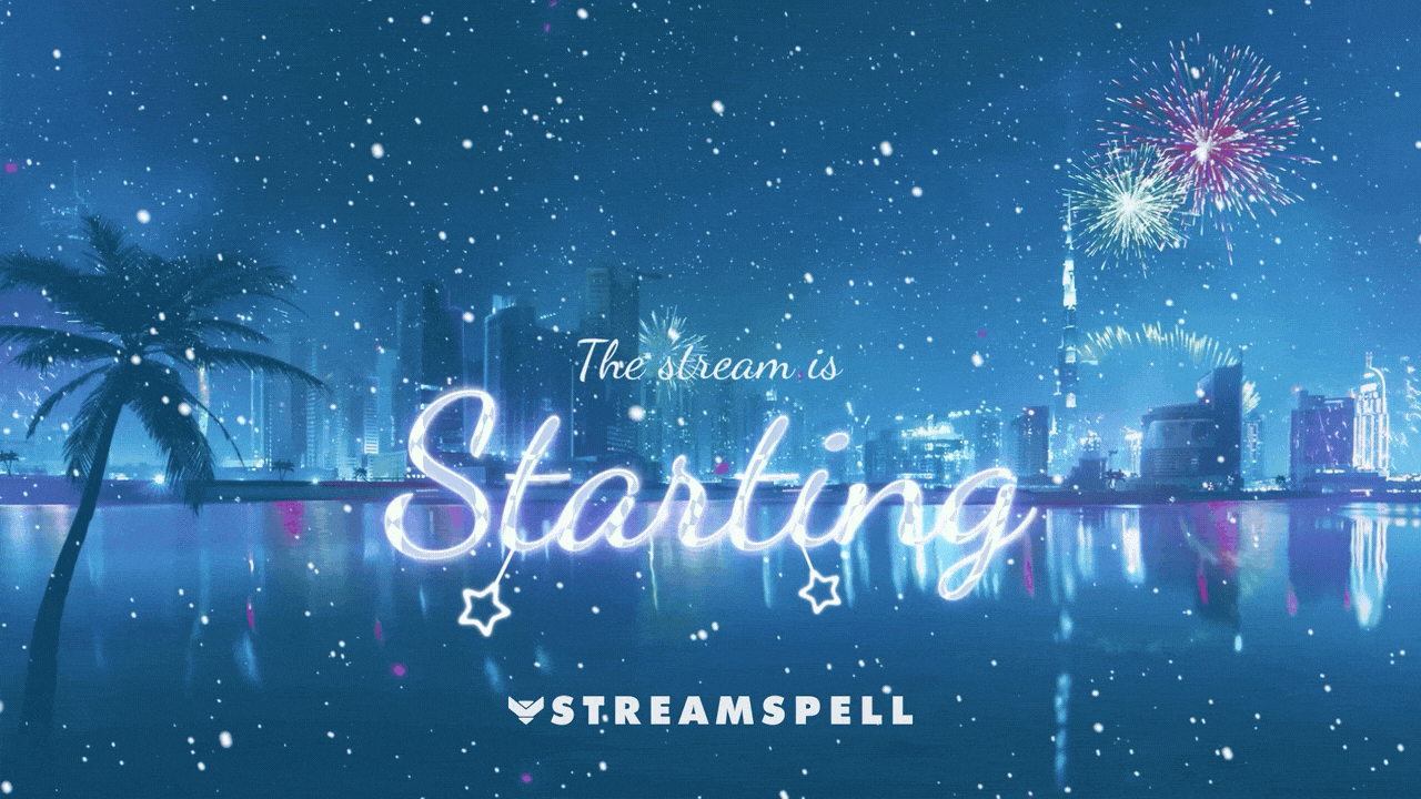 Animated winter city skyline at night with snow falling and vibrant fireworks, showcasing the Winter Fireworks 2026 animated stream screen by StreamSpell for Twitch and YouTube streams. Compatible with OBS Studio and Streamlabs.