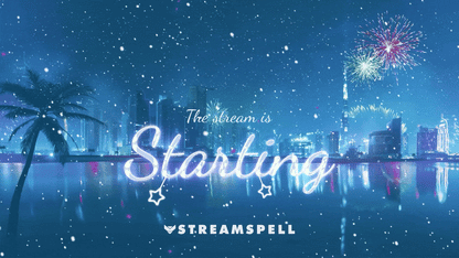 Animated winter city skyline at night with snow falling and vibrant fireworks, showcasing the Winter Fireworks 2026 animated stream screen by StreamSpell for Twitch and YouTube streams. Compatible with OBS Studio and Streamlabs.