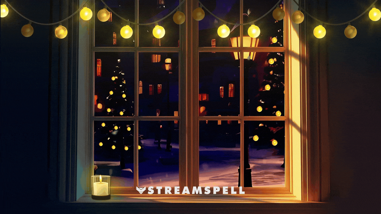 Christmas starting soon screen with cozy winter window animation and festive lights.