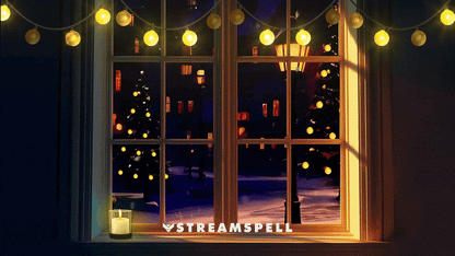 Christmas starting soon screen with cozy winter window animation and festive lights.