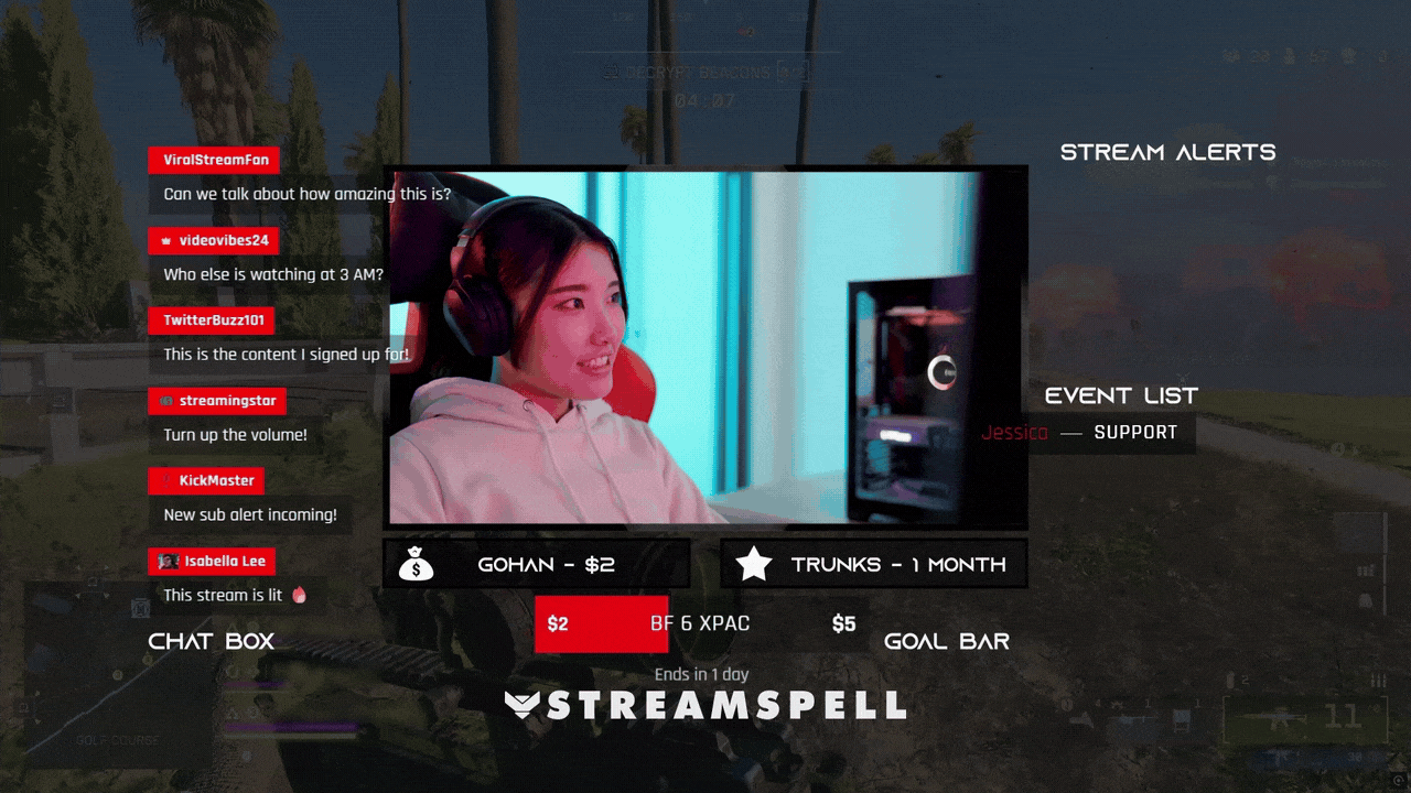 FPS stream widgets and animated alerts with red tactical HUD interface from the BF6 // RED Stream Package by StreamSpell. Includes chat box, event list, goal bar, and alert animations for Twitch, YouTube, and Kick streamers using OBS Studio, Streamlabs, or StreamElements.
