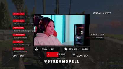 FPS stream widgets and animated alerts with red tactical HUD interface from the BF6 // RED Stream Package by StreamSpell. Includes chat box, event list, goal bar, and alert animations for Twitch, YouTube, and Kick streamers using OBS Studio, Streamlabs, or StreamElements.