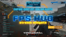 Load image into Gallery viewer, Stream widgets from FPS HUD Stream Package including Chat Box, Event List, and Goal Bar in tactical neon HUD style. Designed by StreamSpell for OBS and Streamlabs.