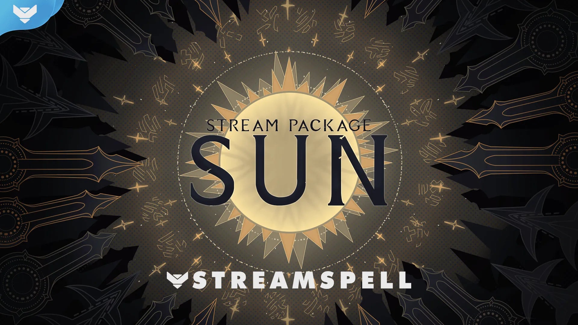 Sun theme stream overlay preview from Sun and Moon Stream Package by StreamSpell, featuring radiant sunbeams, runic details, and celestial gold styling for fantasy gaming streams.