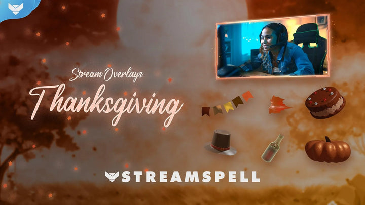 Thanksgiving stream overlays with animated autumn decorations, pumpkins, falling leaves, cozy fall aesthetic, and webcam overlay for OBS and Streamlabs by StreamSpell.