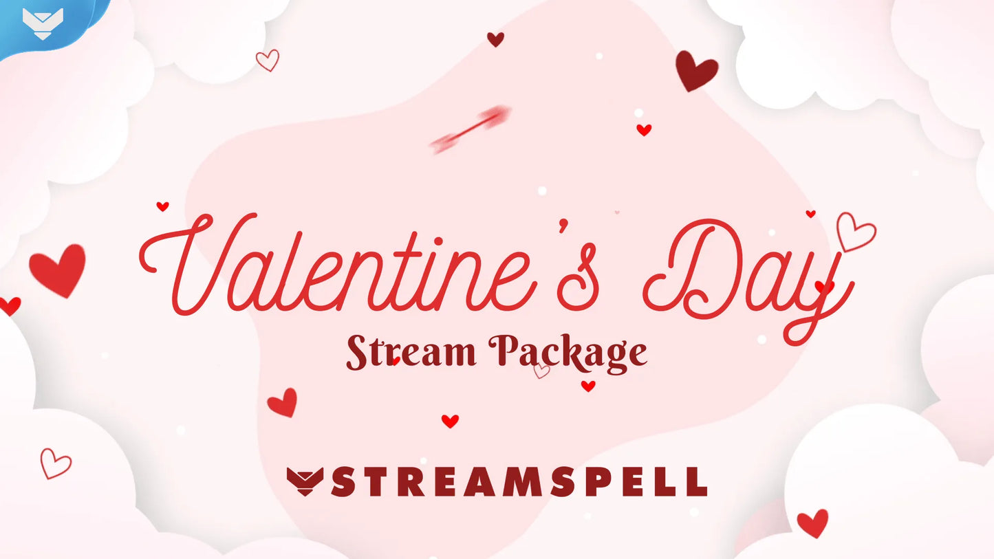 Cute Valentine’s Day stream overlay with pink and red romantic aesthetic, floating hearts, and cozy design, promoting the animated package by StreamSpell for OBS and Streamlabs.