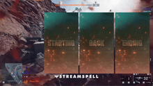 Load image into Gallery viewer, Vertical animated scenes from the BF6 HUD Stream Package by StreamSpell, showing Starting, Be Right Back, and Ending screens with a battlefield-style visual over FPS gameplay.