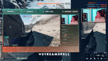 Load image into Gallery viewer, Complete stream layout using the BF6 HUD Stream Package by StreamSpell, featuring tactical top bar, webcam frame, chat box, alerts, and goal tracker over Battlefield-style gameplay.