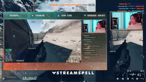 Complete stream layout using the BF6 HUD Stream Package by StreamSpell, featuring tactical top bar, webcam frame, chat box, alerts, and goal tracker over Battlefield-style gameplay.