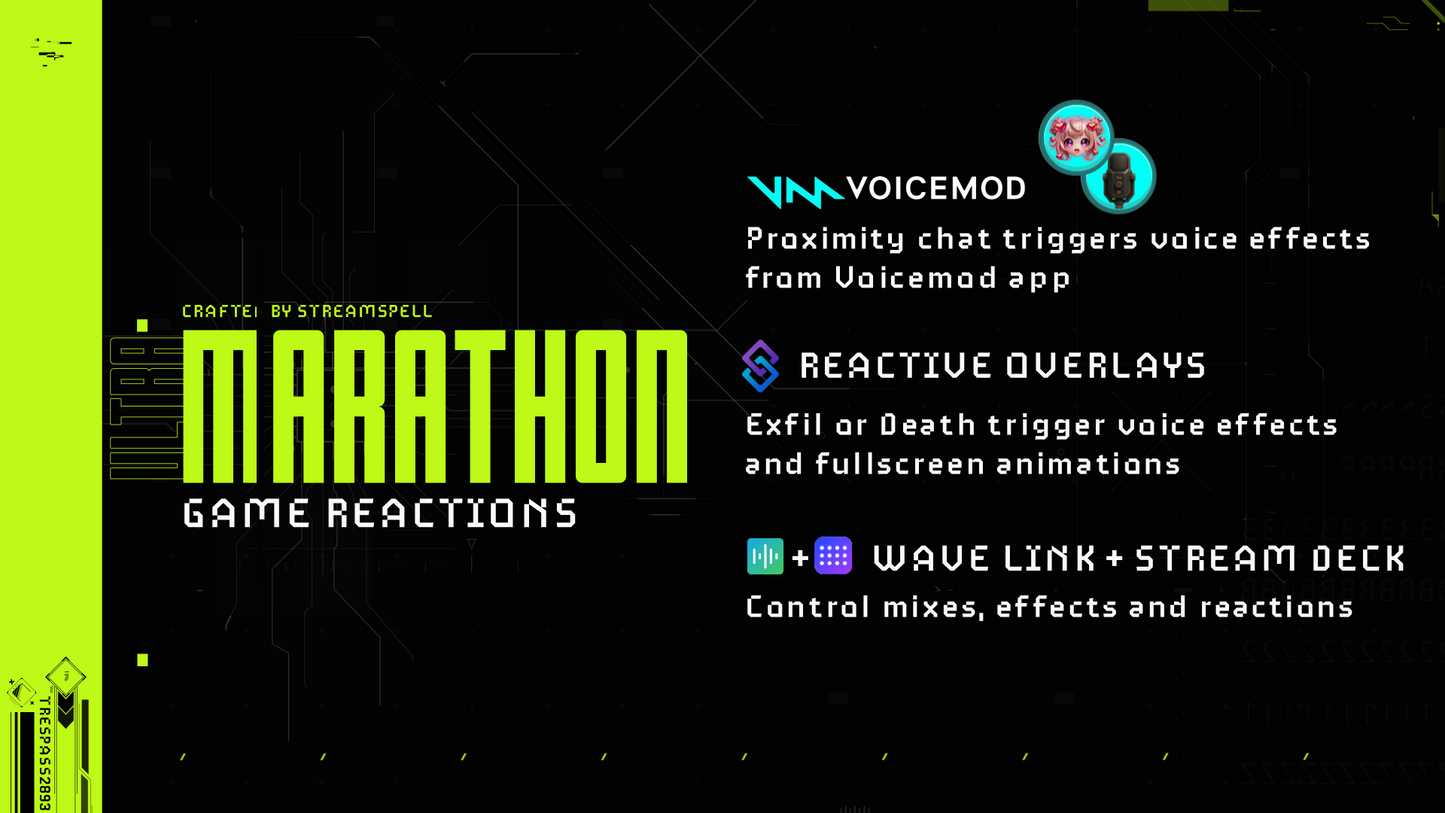 Marathon Stream Overlays and Widgets voice reactions cover preview by StreamSpell, featuring Marathon inspired stream reaction visuals in sci-fi HUD style.
