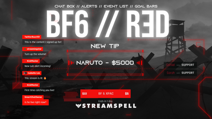 FPS stream widgets including chat box, event list, and goal bar with red tactical HUD design from the BF6 // RED Stream Package by StreamSpell. Designed for Twitch, YouTube, and Kick streamers using OBS Studio or Streamlabs.