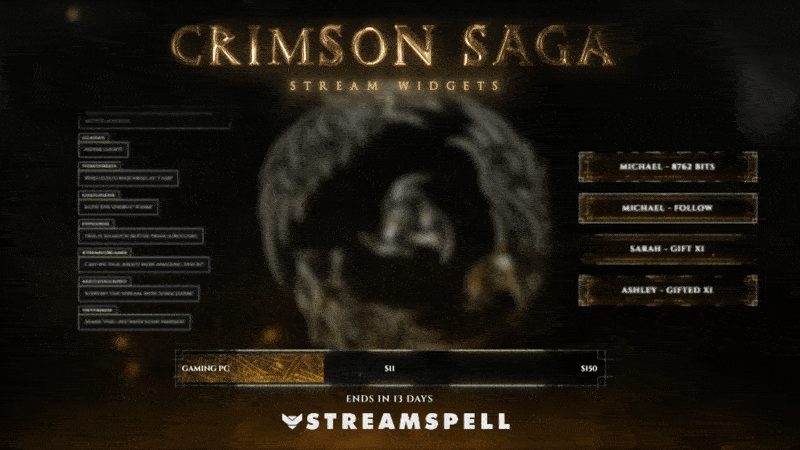 Dark fantasy stream widgets including chat box, event list, and goal bar with glowing rune design from the Crimson Saga Stream Package for OBS and Twitch.