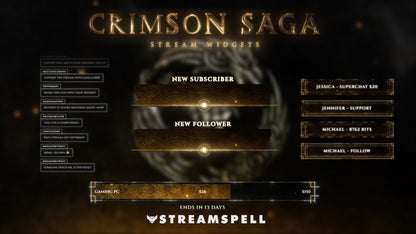 Animated stream widgets with golden rune effects including chat box, event list, and goal bar from the Crimson Saga Stream Package.