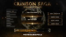 Load image into Gallery viewer, Animated stream widgets with golden rune effects including chat box, event list, and goal bar from the Crimson Saga Stream Package.