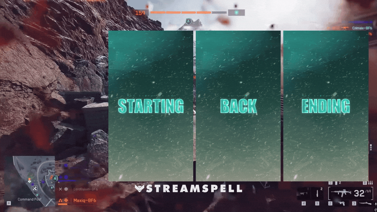 Vertical Winter versions of the Starting, BRB, and Ending animated screens featuring icy teal text, snowy particle effects, and a military HUD aesthetic. Designed for mobile and multistream formats. Part of the BF6 HUD Stream Package by StreamSpell, compatible with OBS Studio, Streamlabs Desktop, and StreamElements.