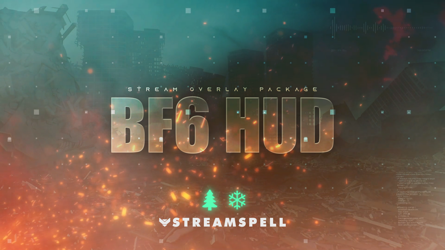 Cover image for the BF6 HUD Stream Package by StreamSpell, featuring a tactical Battlefield-style HUD with sparks, debris, and a winter–Christmas update badge. This version highlights the new Winter and Christmas animated overlays now included in the package. Fully compatible with OBS Studio, Streamlabs Desktop, and StreamElements.
