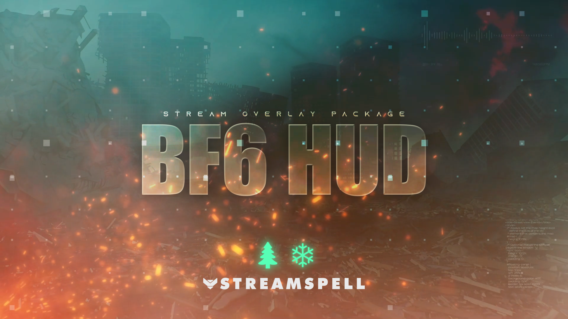 Cover image for the BF6 HUD Stream Package by StreamSpell, featuring a tactical Battlefield-style HUD with sparks, debris, and a winter–Christmas update badge. This version highlights the new Winter and Christmas animated overlays now included in the package. Fully compatible with OBS Studio, Streamlabs Desktop, and StreamElements.