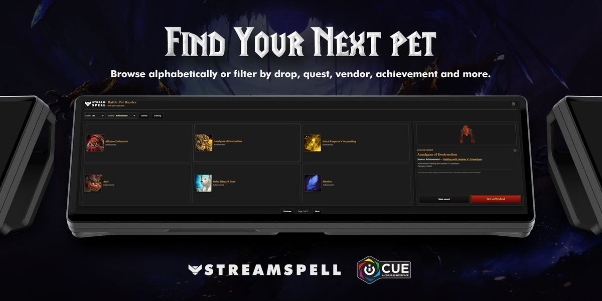 Browse World of Warcraft battle pets by source in Battle Pet Hunter iCUE Widget