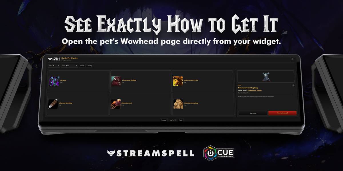 Open World of Warcraft pet acquisition guides from Battle Pet Hunter iCUE Widget
