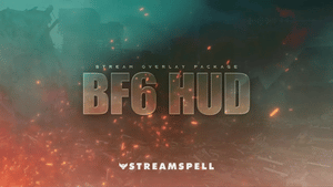 Animated “BF6 HUD” screen from the BF6 HUD Stream Package by StreamSpell, featuring battlefield-inspired visuals with embers and destroyed city background.