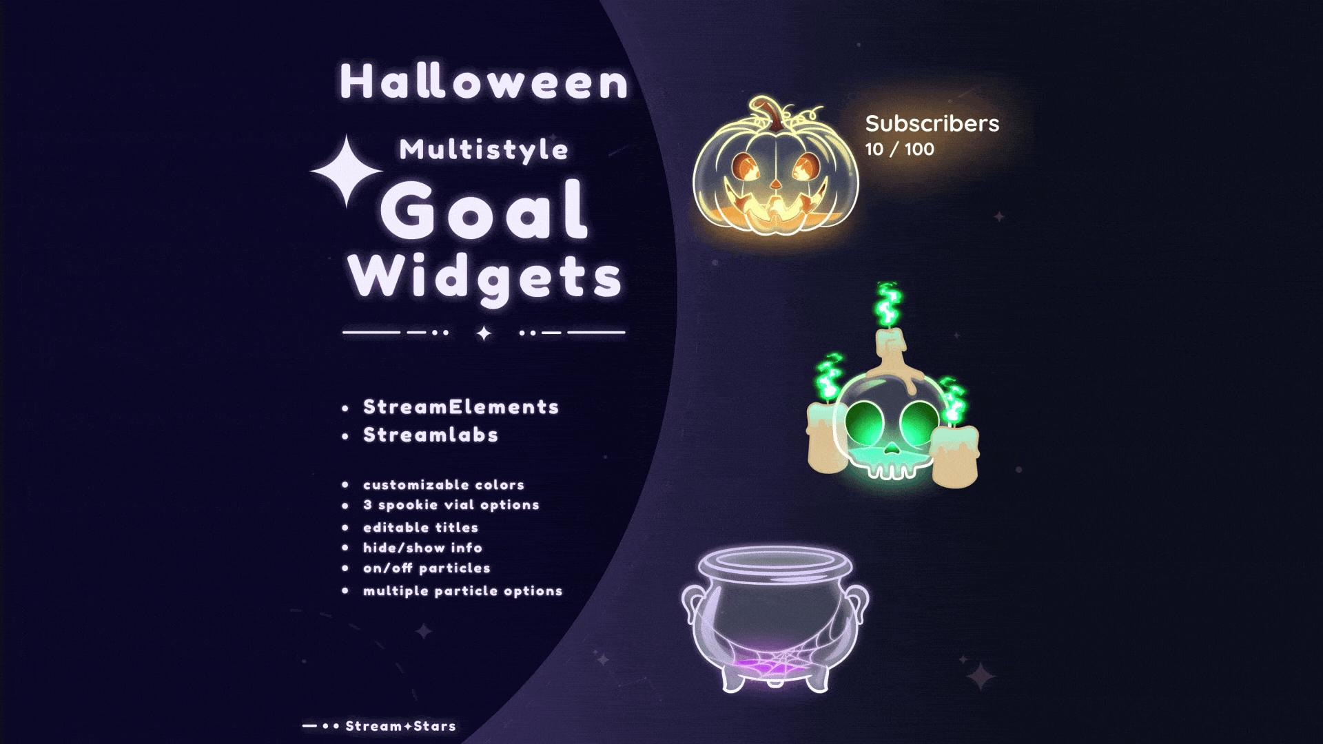 Animated preview of the MultiStyle Liquid Halloween Goal Widget by Stream+Stars featuring glowing pumpkin, skull, and cauldron vials with bubbling liquid and particles. Designed for Twitch and YouTube streams. Compatible with OBS Studio, Streamlabs, and StreamElements.
