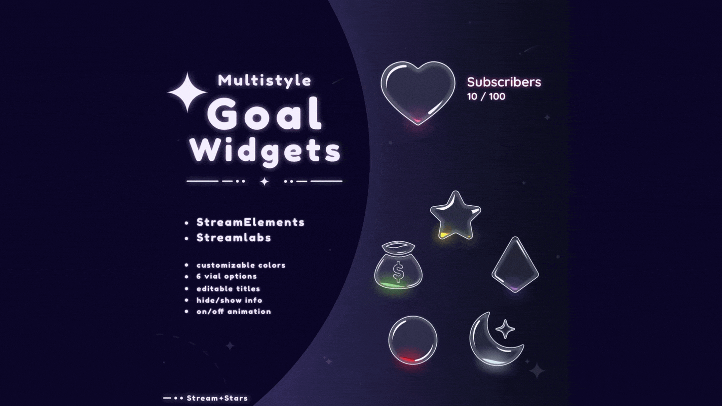 Animated glowing goal vials in heart, star, moon, diamond, and money bag shapes with liquid effects and particle glow, promoting the MultiStyle Liquid Orbs Goal Widget by Stream+Stars. Ideal for Twitch and YouTube. Fully compatible with OBS Studio, Streamlabs, and StreamElements.