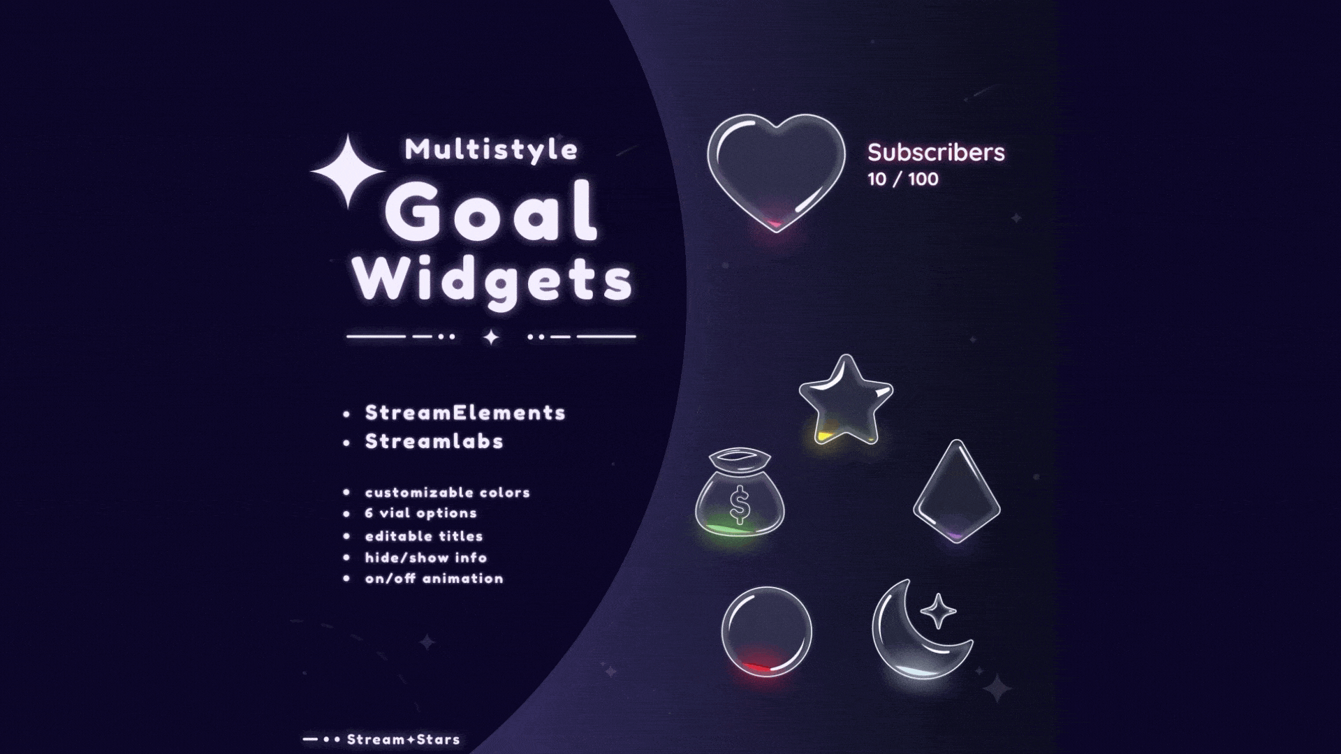 Animated glowing goal vials in heart, star, moon, diamond, and money bag shapes with liquid effects and particle glow, promoting the MultiStyle Liquid Orbs Goal Widget by Stream+Stars. Ideal for Twitch and YouTube. Fully compatible with OBS Studio, Streamlabs, and StreamElements.