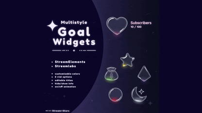 Animated glowing goal vials in heart, star, moon, diamond, and money bag shapes with liquid effects and particle glow, promoting the MultiStyle Liquid Orbs Goal Widget by Stream+Stars. Ideal for Twitch and YouTube. Fully compatible with OBS Studio, Streamlabs, and StreamElements.