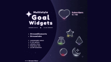 Load image into Gallery viewer, Animated glowing goal vials in heart, star, moon, diamond, and money bag shapes with liquid effects and particle glow, promoting the MultiStyle Liquid Orbs Goal Widget by Stream+Stars. Ideal for Twitch and YouTube. Fully compatible with OBS Studio, Streamlabs, and StreamElements.