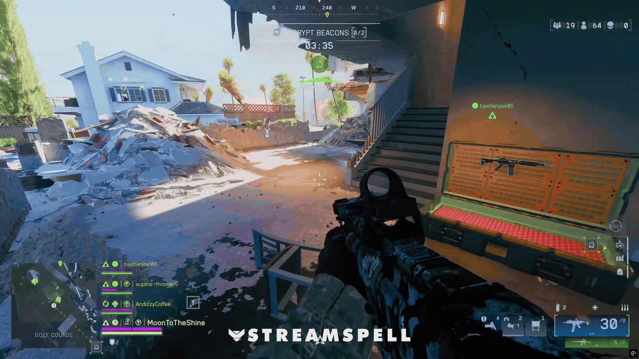 FPS stream screen with red tactical HUD overlay and battlefield-style environment from the BF6 // RED Stream Package by StreamSpell. Designed for Valorant, Warzone, Battlefield-style games, and Marathon streams.
