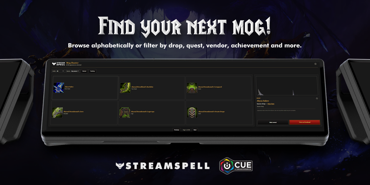 Browse World of Warcraft transmog appearances by source in Mog Hunter iCUE Widget