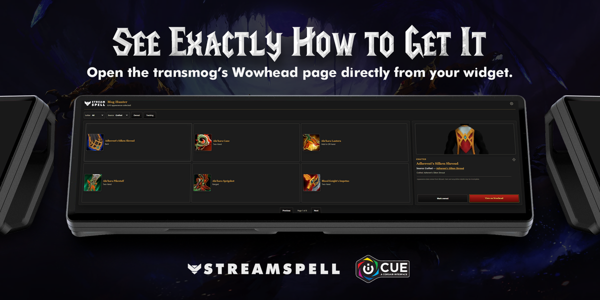 Open World of Warcraft appearance acquisition guides from Mog Hunter iCUE Widget