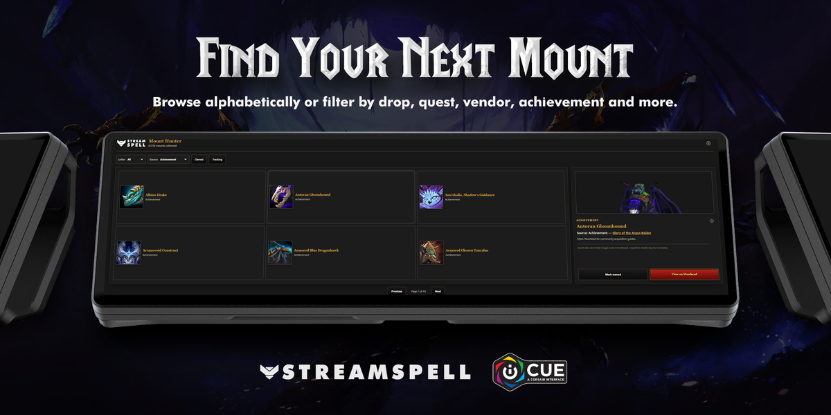 Browse World of Warcraft mounts by source in Mount Hunter iCUE Widget