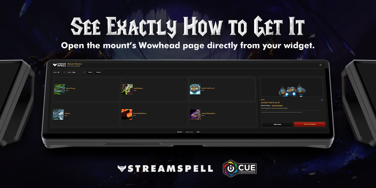 Open World of Warcraft mount acquisition guides from Mount Hunter iCUE Widget