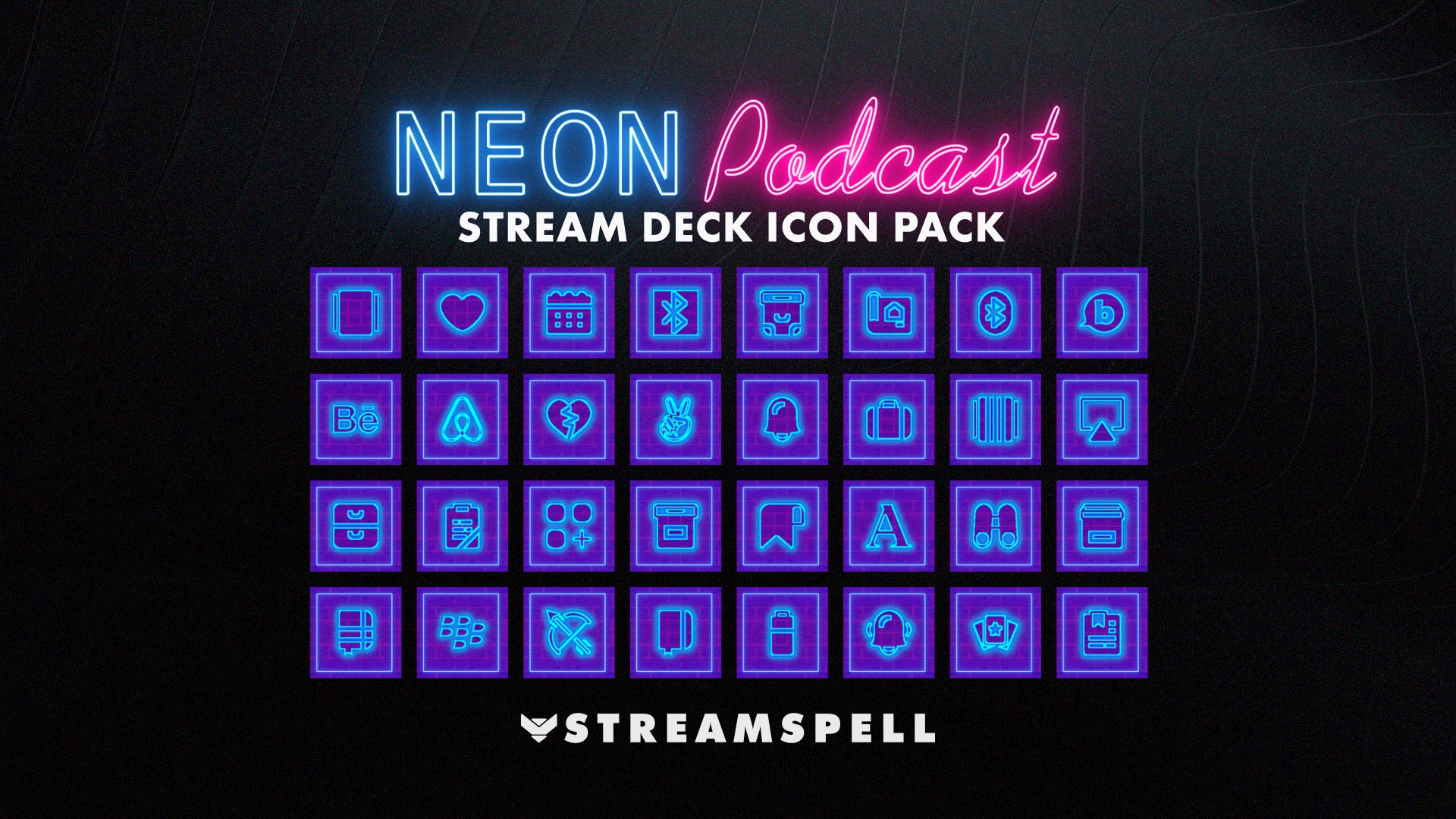 Neon-colored podcast stream deck icon pack with 'Streamspell' branding on a dark background
