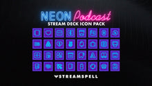 Load image into Gallery viewer, Neon-colored podcast stream deck icon pack with &#39;Streamspell&#39; branding on a dark background