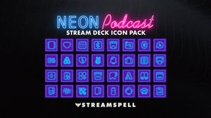 Neon-colored podcast stream deck icon pack with 'Streamspell' branding on a dark background
