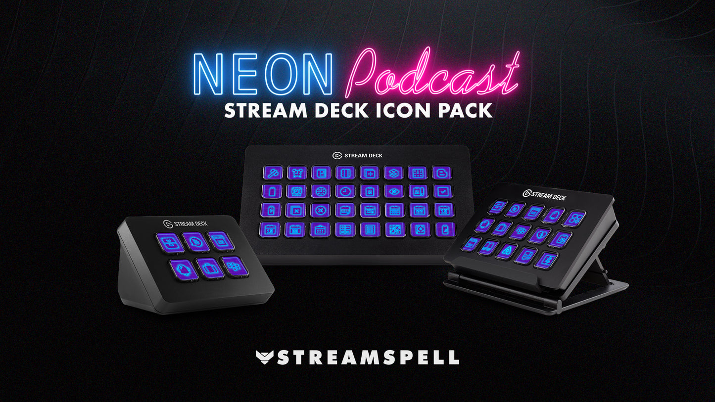 Neon Podcast Stream Deck Icons by StreamSpell: glowing neon purple and pink icons displayed on Elgato Stream Deck models MK2, XL, and Mini. Perfect for podcasting, streaming, and professional creator setups. Includes 400+ icons in a bold neon style.