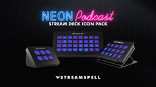 Load image into Gallery viewer, Neon Podcast Stream Deck Icons by StreamSpell: glowing neon purple and pink icons displayed on Elgato Stream Deck models MK2, XL, and Mini. Perfect for podcasting, streaming, and professional creator setups. Includes 400+ icons in a bold neon style.