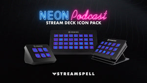 Neon Podcast Stream Deck Icons by StreamSpell: glowing neon purple and pink icons displayed on Elgato Stream Deck models MK2, XL, and Mini. Perfect for podcasting, streaming, and professional creator setups. Includes 400+ icons in a bold neon style.