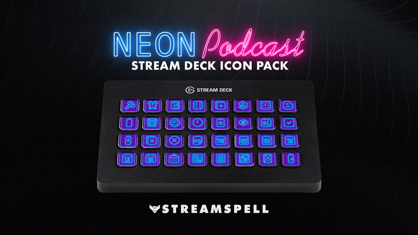 Neon Podcast Stream Deck Icons in glowing purple by StreamSpell displayed on Elgato Stream Deck models MK2, XL, and Mini. Includes 400+ icons for podcasting, streaming, and creator setups with a bold neon purple aesthetic.