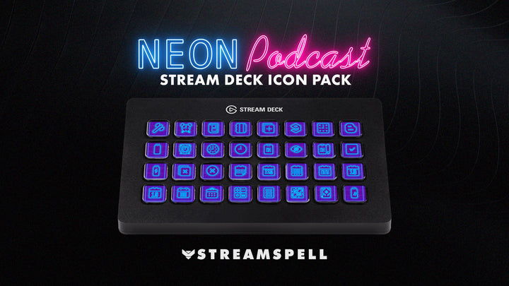 Neon Podcast Stream Deck Icons in glowing purple by StreamSpell displayed on Elgato Stream Deck models MK2, XL, and Mini. Includes 400+ icons for podcasting, streaming, and creator setups with a bold neon purple aesthetic.