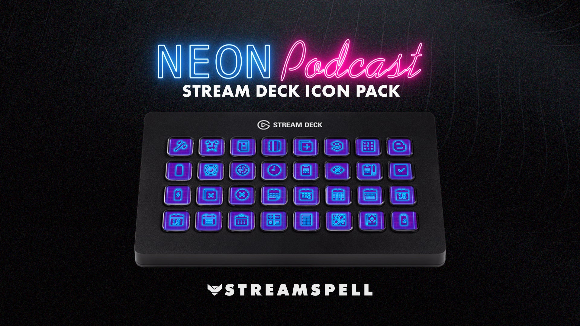 Neon Podcast Stream Deck Icons in glowing purple by StreamSpell displayed on Elgato Stream Deck models MK2, XL, and Mini. Includes 400+ icons for podcasting, streaming, and creator setups with a bold neon purple aesthetic.