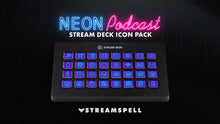 Load image into Gallery viewer, Neon Podcast Stream Deck Icons in glowing purple by StreamSpell displayed on Elgato Stream Deck models MK2, XL, and Mini. Includes 400+ icons for podcasting, streaming, and creator setups with a bold neon purple aesthetic.