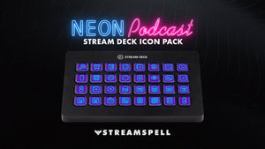 Neon Podcast Stream Deck Icons in glowing purple by StreamSpell displayed on Elgato Stream Deck models MK2, XL, and Mini. Includes 400+ icons for podcasting, streaming, and creator setups with a bold neon purple aesthetic.