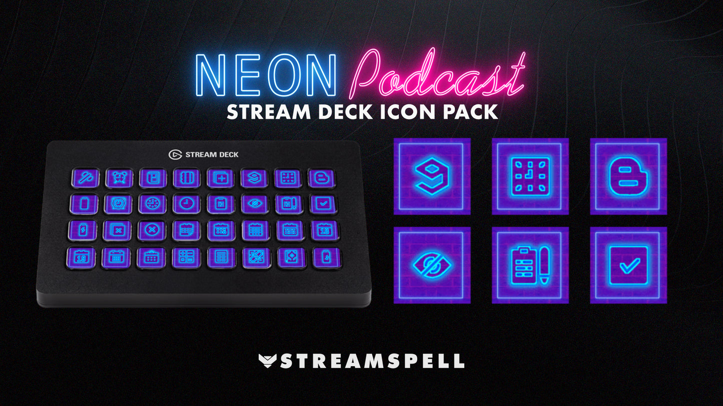 Close-up preview of Neon Podcast Stream Deck Icons in purple neon by StreamSpell — 400+ glowing icons for Elgato Stream Deck. Includes categories for podcasting, streaming, and content creation, shown on Stream Deck XL with detailed icon samples.